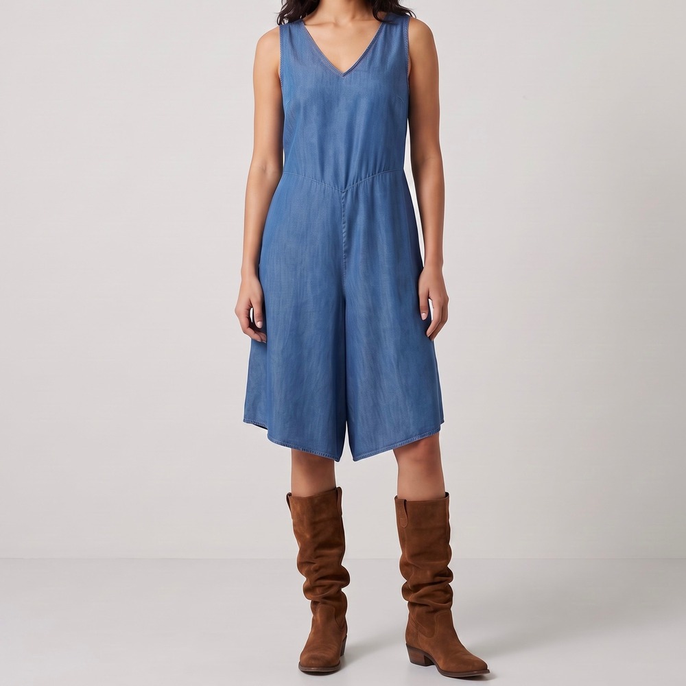 Soft‎ Surroundings Romper Boho Wide Leg Crop Jumpsuit Culottes Chambray Small